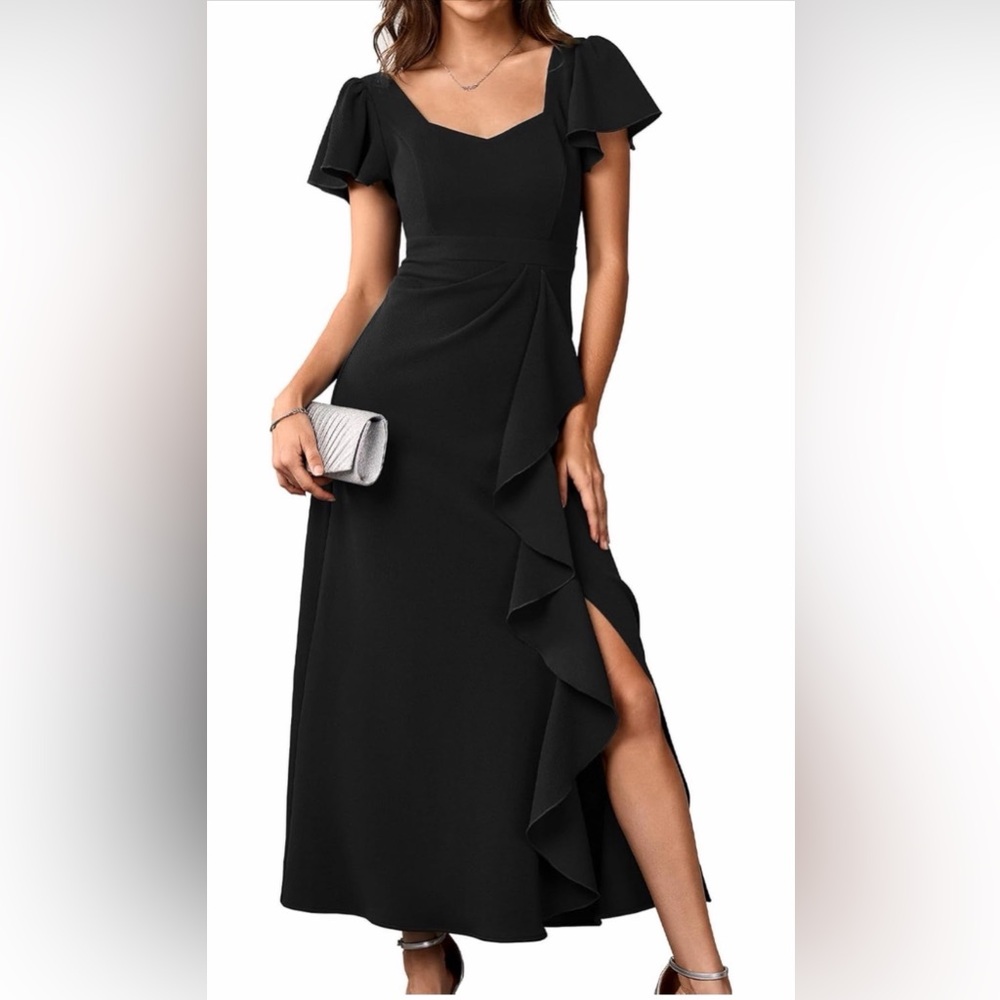 NEW Semi Formal Square Neck Split Elegant Evening Gown Ruffle Wedding Dress L